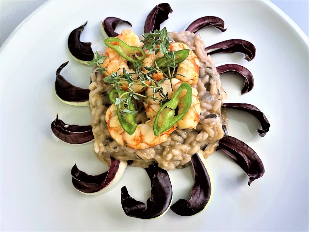 Risotto con gamberi timo e radicchio trevigiano