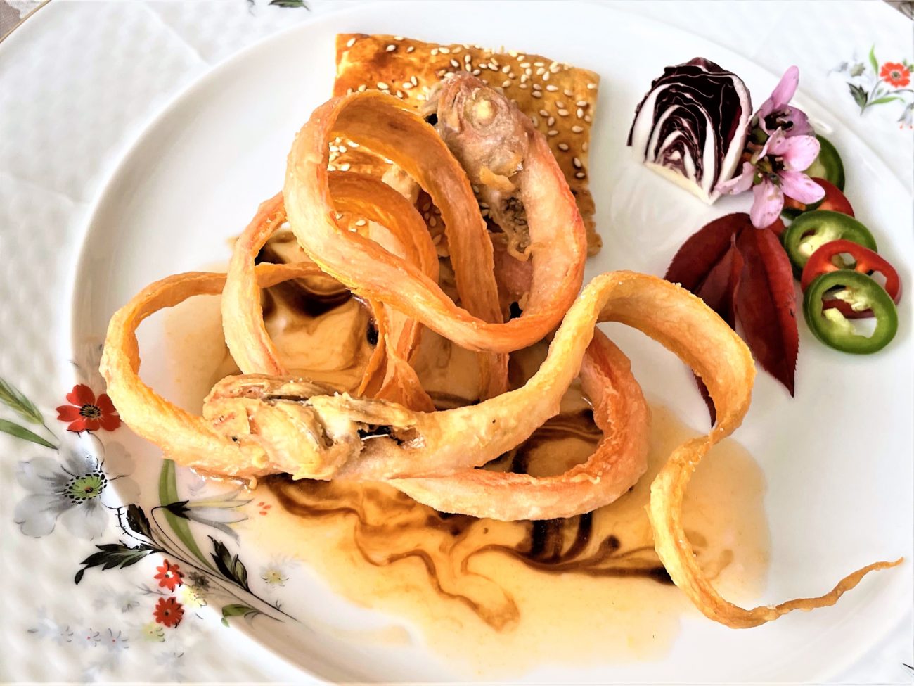 Spade rosse con salsa di agrumi e glassa di aceto balsamico