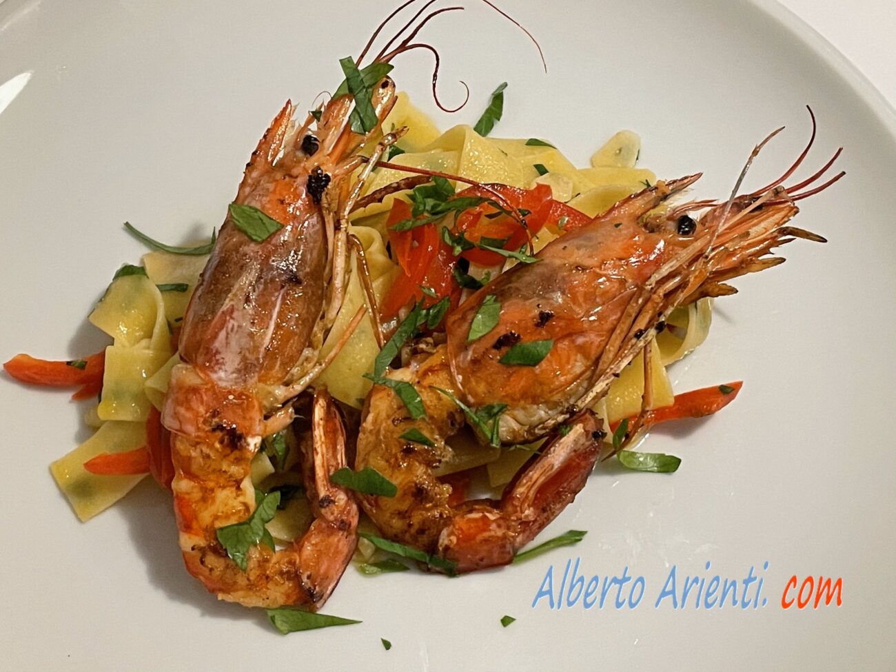 Pappardelle con porro e gamberoni